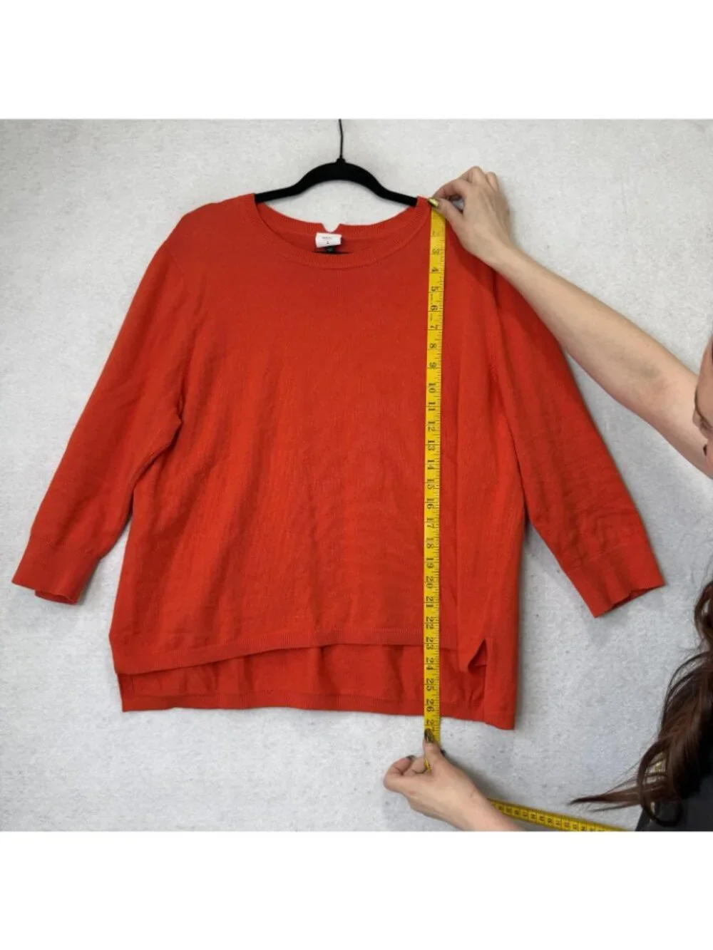 Cabi Sweater Womens Large Orange Crew Neck 3/4 Sleeve High Low Knit Pullover